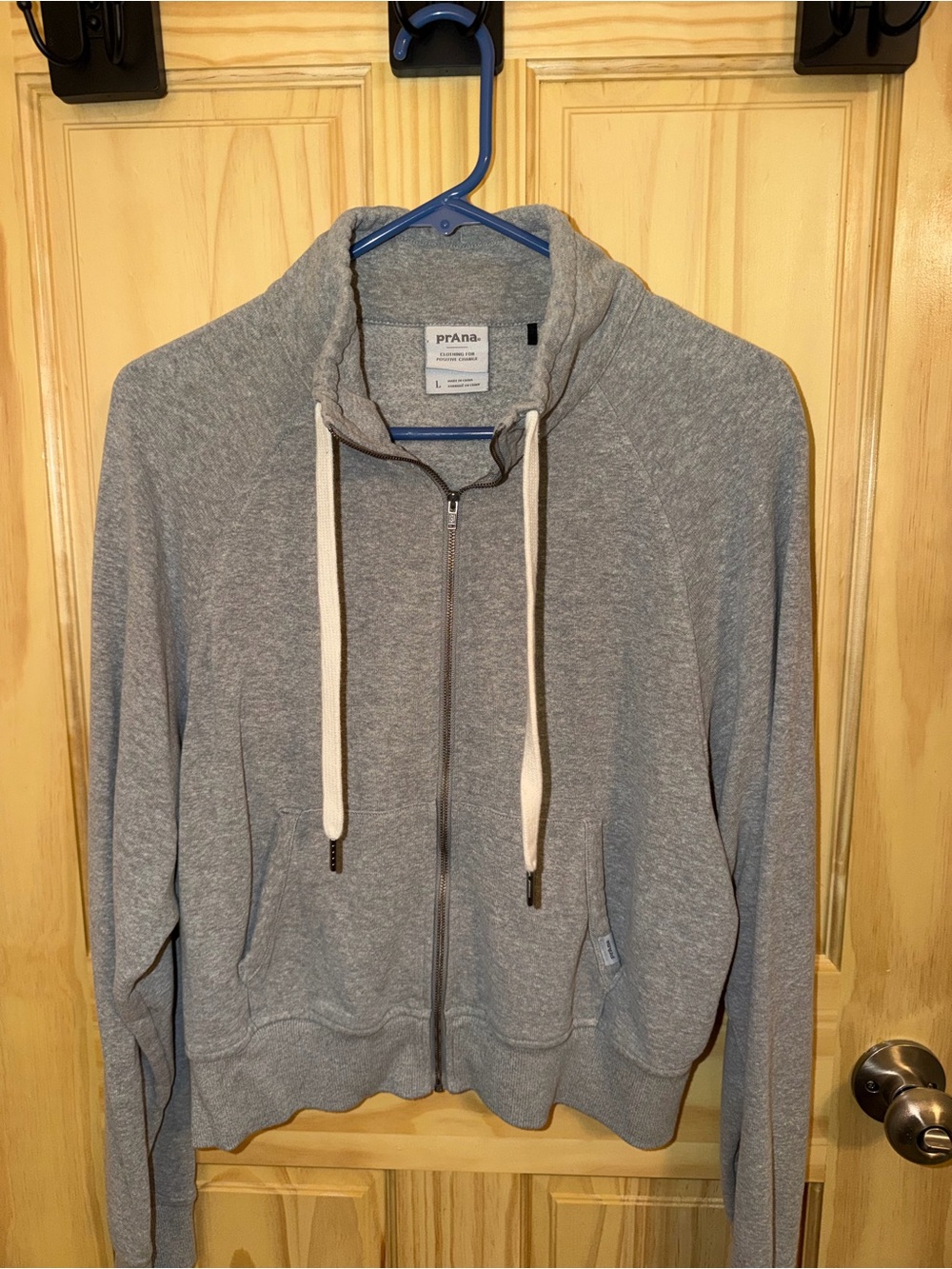 Prana Heather Gray Zip-Up Hoodie with Cream Drawstrings